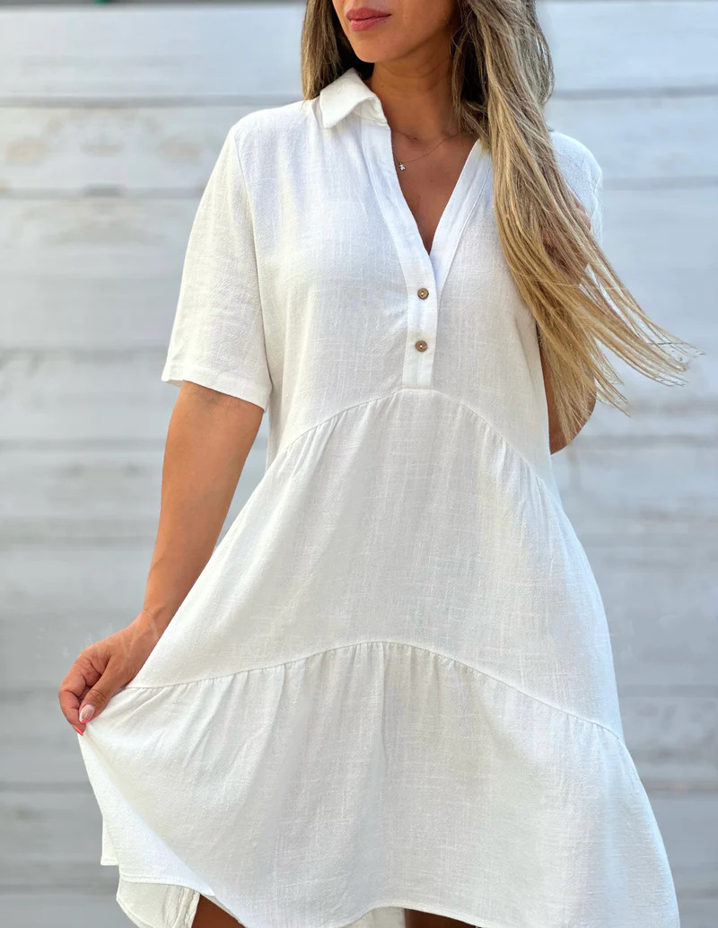 Womens Cotton Linen Dresses Summer Casual Loose Fit Sundress V Neck Button Down Short Sleeve Mini Dress
