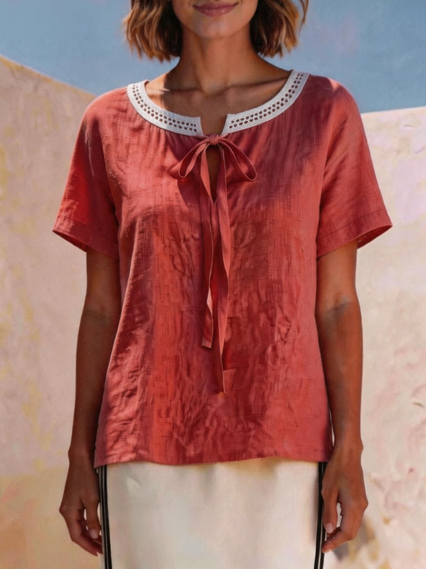 Elegant Lace Trim Tie Front Summer T Shirts for Women Fresh Fashion Casual Blouse