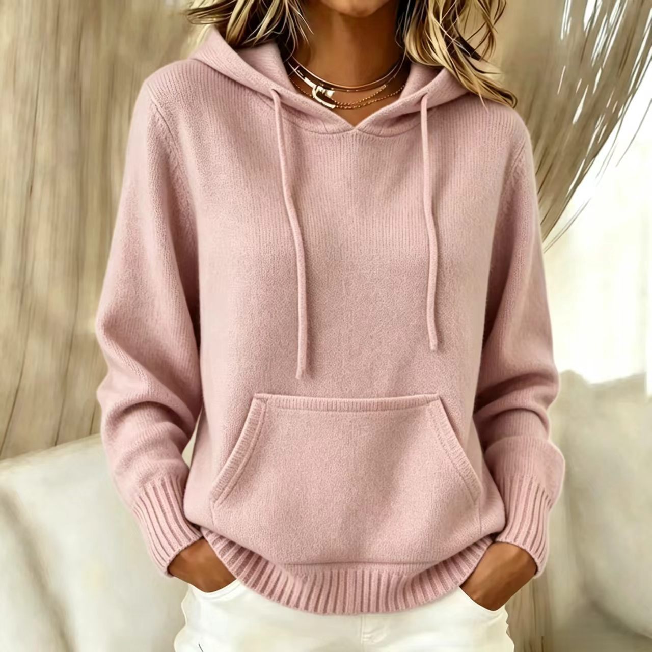 Women Loose Long Sleeve Knit Hoodie Pullover with Pocket, Casual Solid Hooded Sweater for Fall