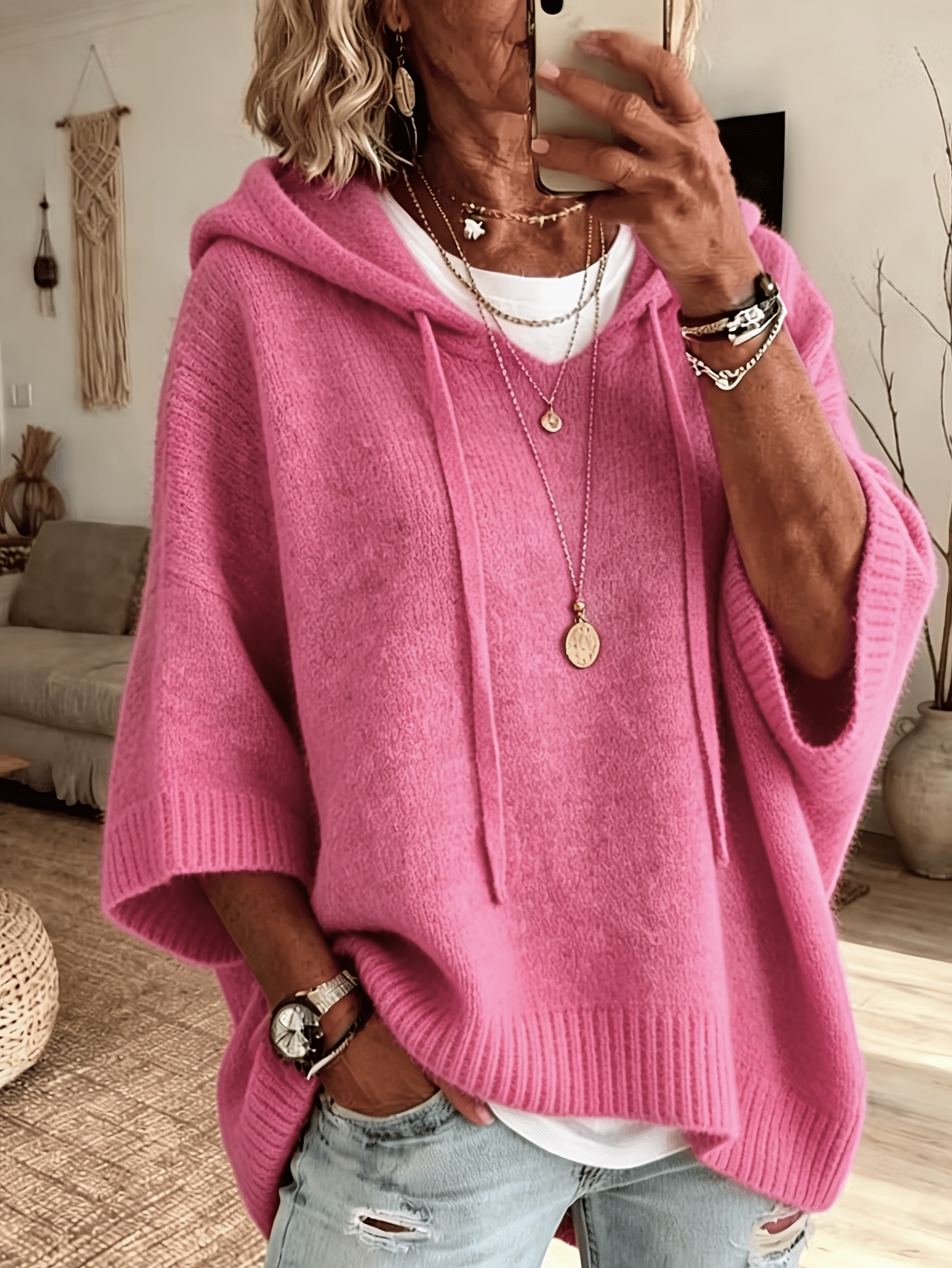 Plus Size Women’s Loose Drawstring Hooded Sweatshirt, Casual Spring Fall Daily Top
