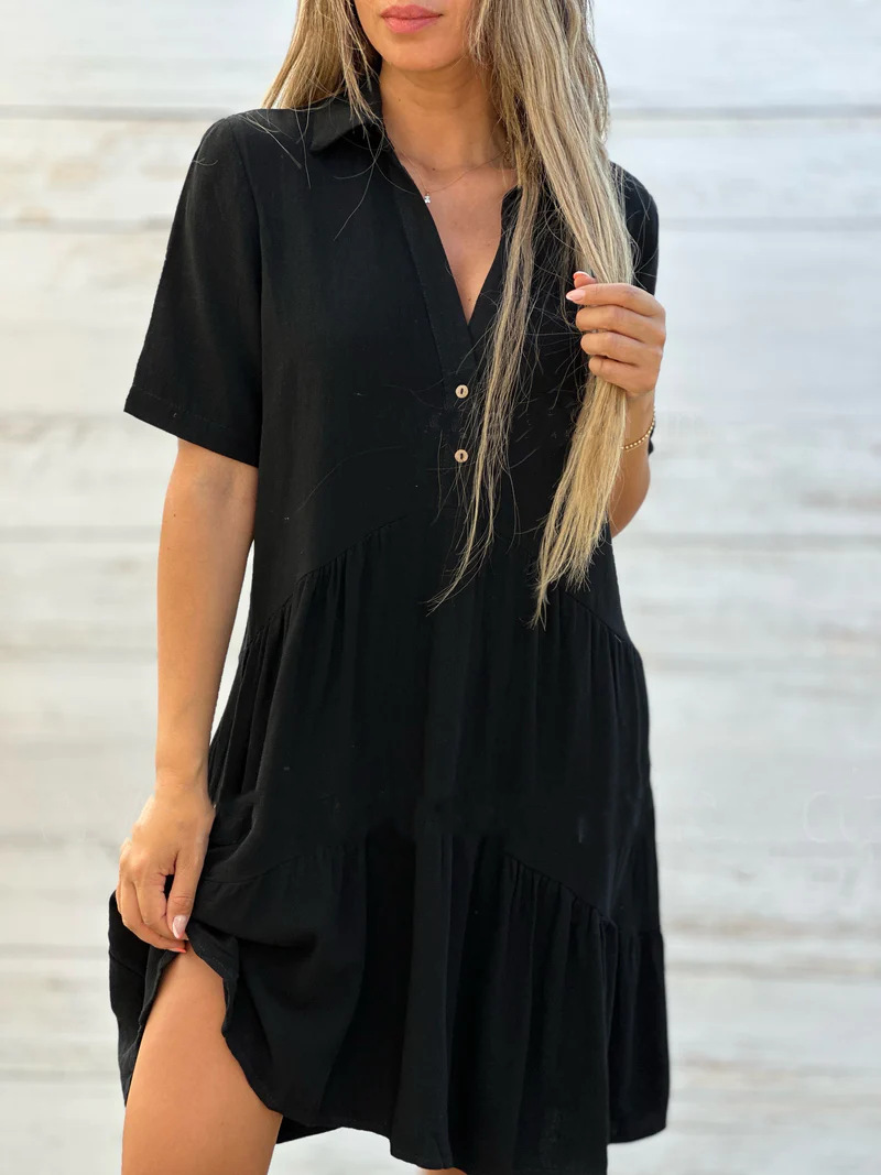 Womens Cotton Linen Dresses Summer Casual Loose Fit Sundress V Neck Button Down Short Sleeve Mini Dress