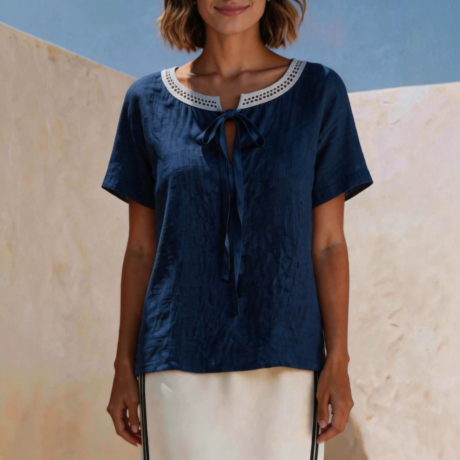 Elegant Lace Trim Tie Front Summer T Shirts for Women Fresh Fashion Casual Blouse