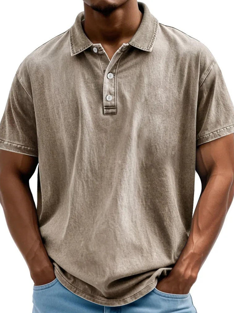 Clearance Sale🔥Men’s Vintage Washed Short Sleeve Polo Shirt, Casual Collared 3-Button Tee