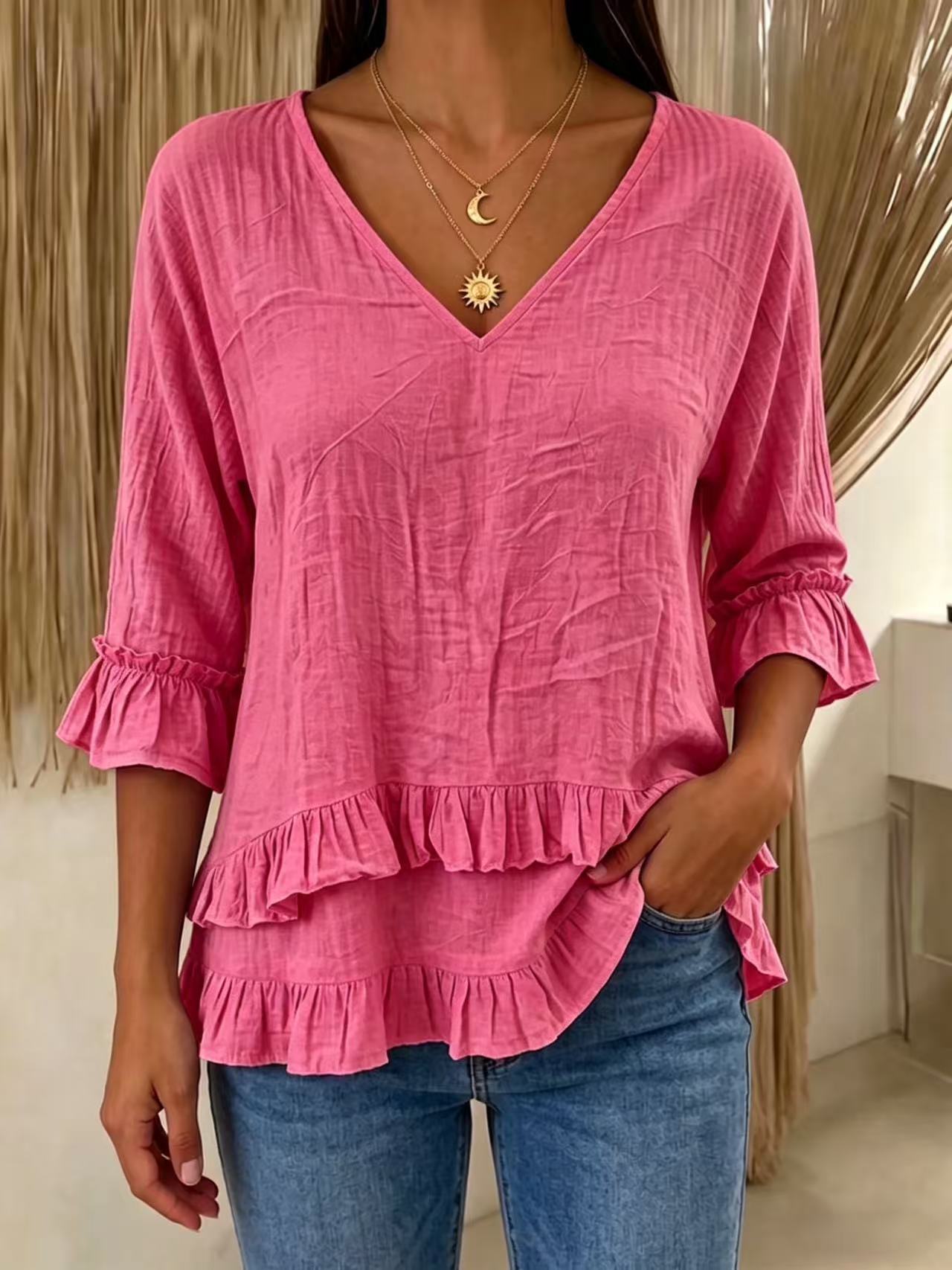 👚Cotton Linen Ruffle V Neck 3/4 Sleeve Women Blouse✨