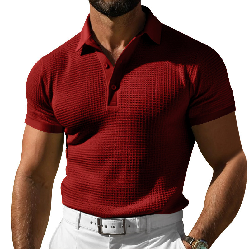 Waffle Short Sleeve Polo Shirt Men’s Fashion Summer Lapel Tops