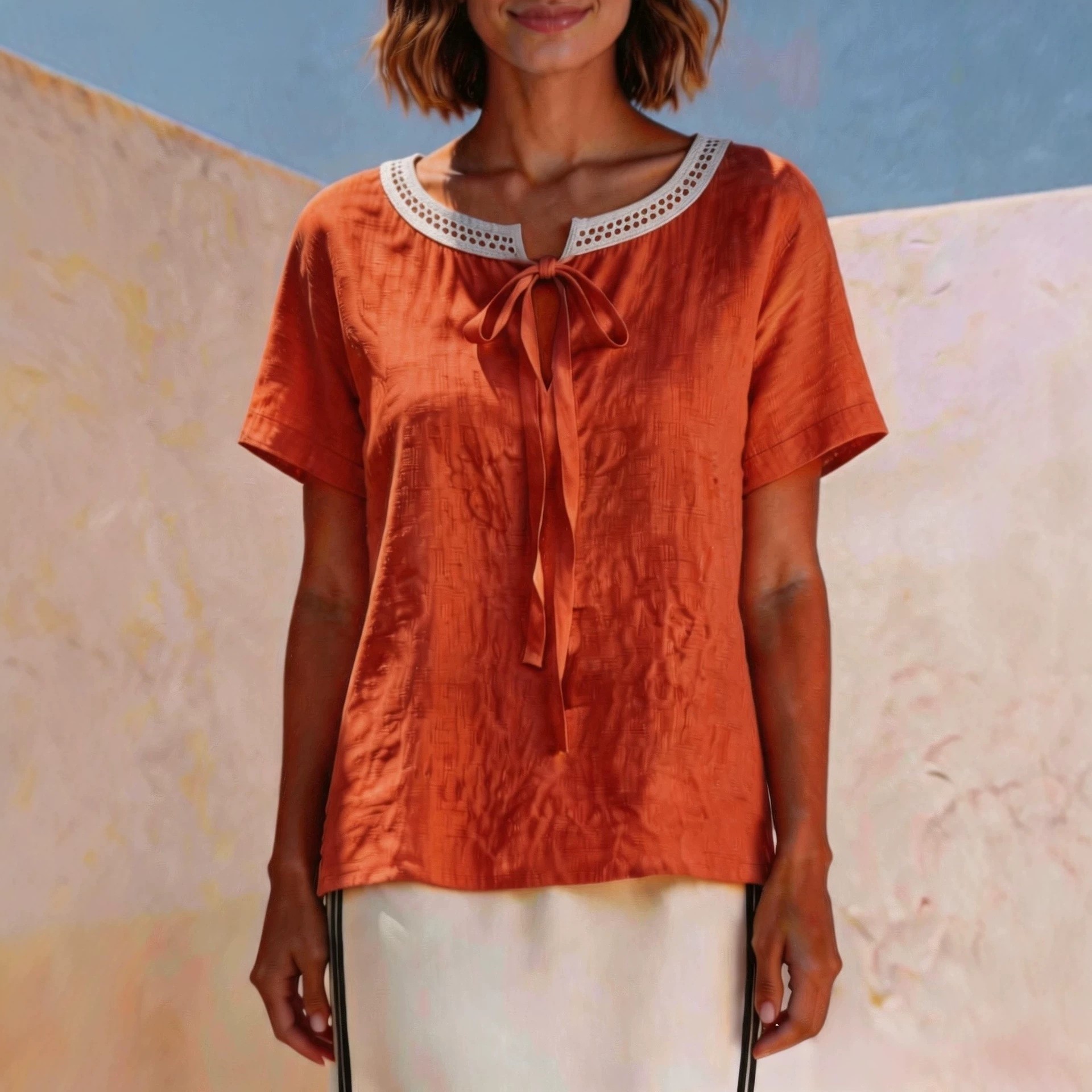 Elegant Lace Trim Tie Front Summer T Shirts for Women Fresh Fashion Casual Blouse