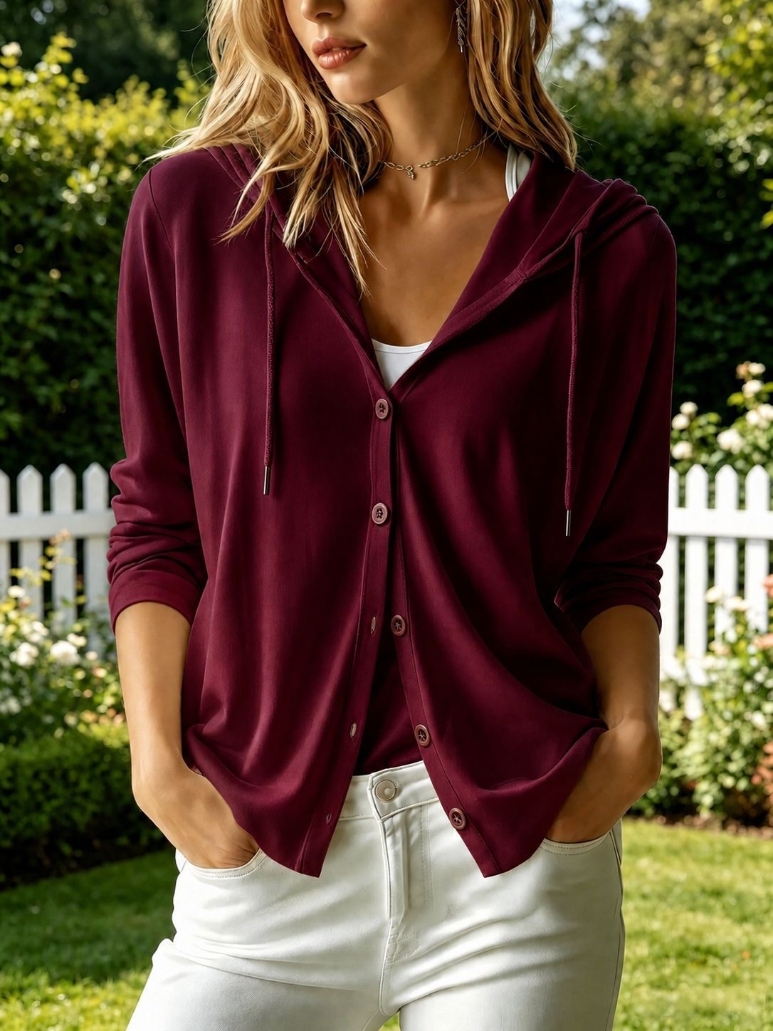 Women Casual Long Sleeve V Neck Button Hooded Cardigan Solid Streetwear Hoodie Tops