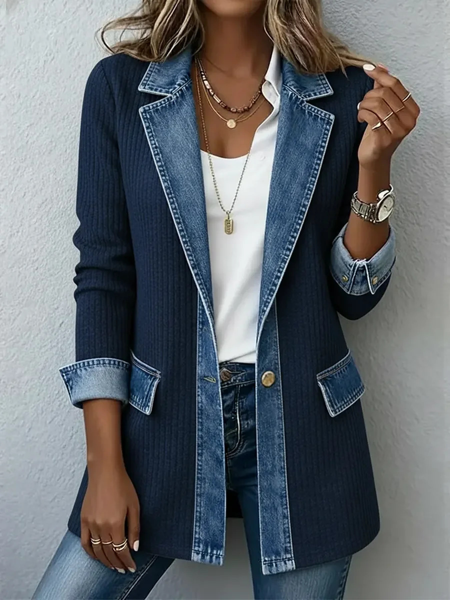 Elegant Mixed Media Denim Knit Cardigan Open Front Lapel Sweater Coat Mid Length Comfort Fit Outerwear