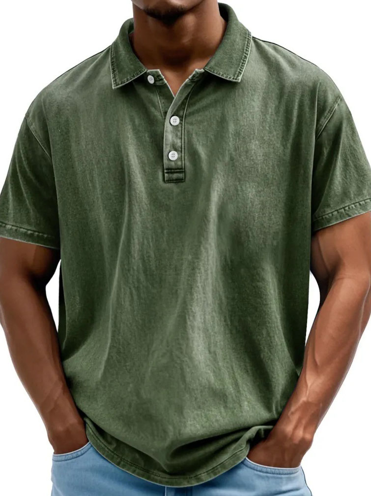 Clearance Sale🔥Men’s Vintage Washed Short Sleeve Polo Shirt, Casual Collared 3-Button Tee
