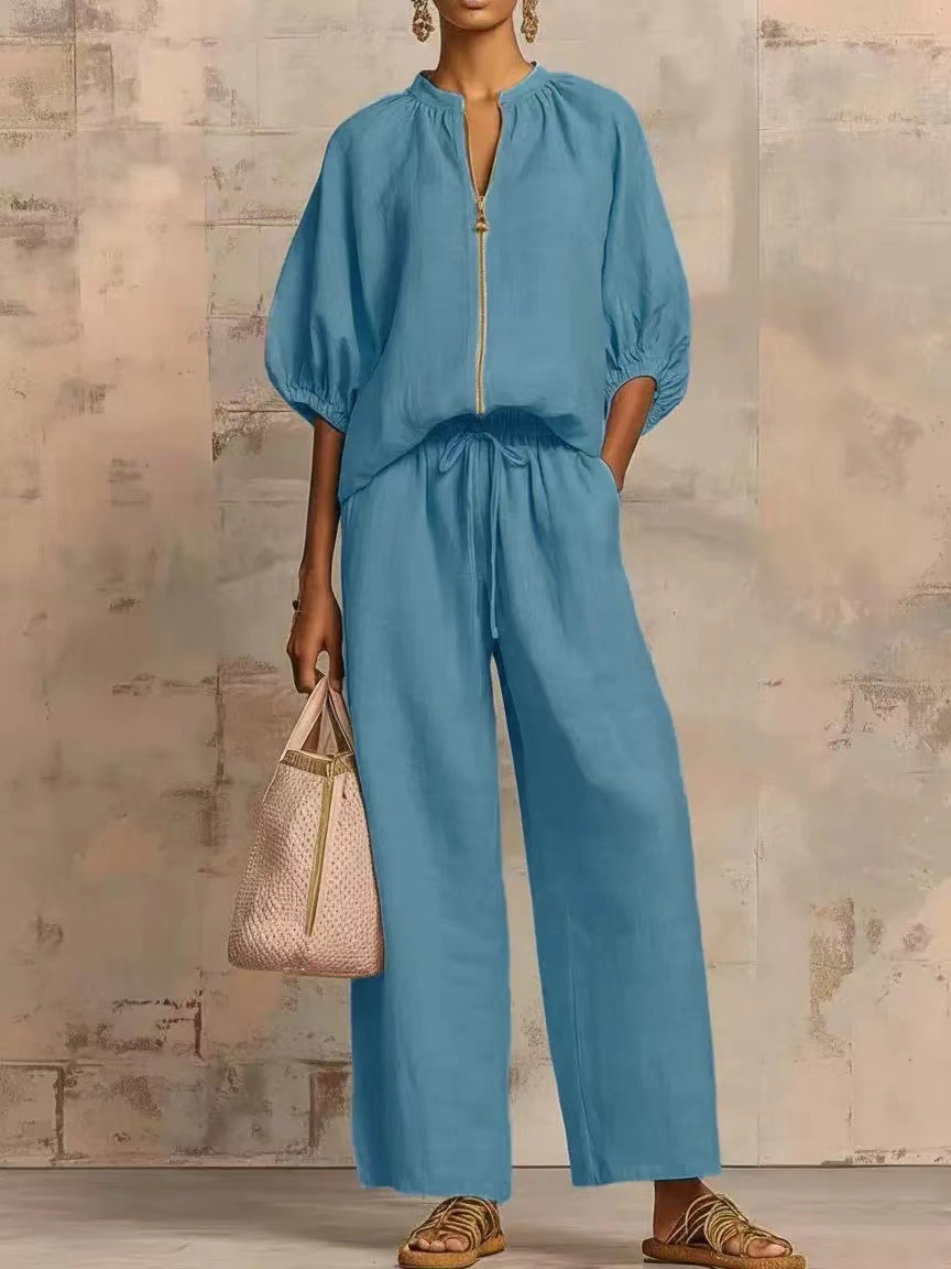Two-piece set: Relaxed-style shirt and wide-leg pants