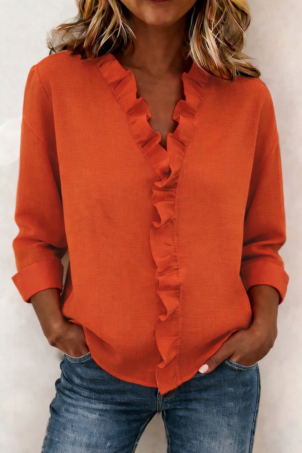 Blouse woman V-neck ruffles long sleeves relaxed fit
