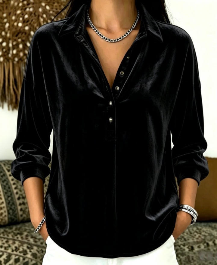Luxury Soft Velvet Lapel Half Button Long Sleeve Blouse, Loose Casual Henley Shirt for Daily & Vacation