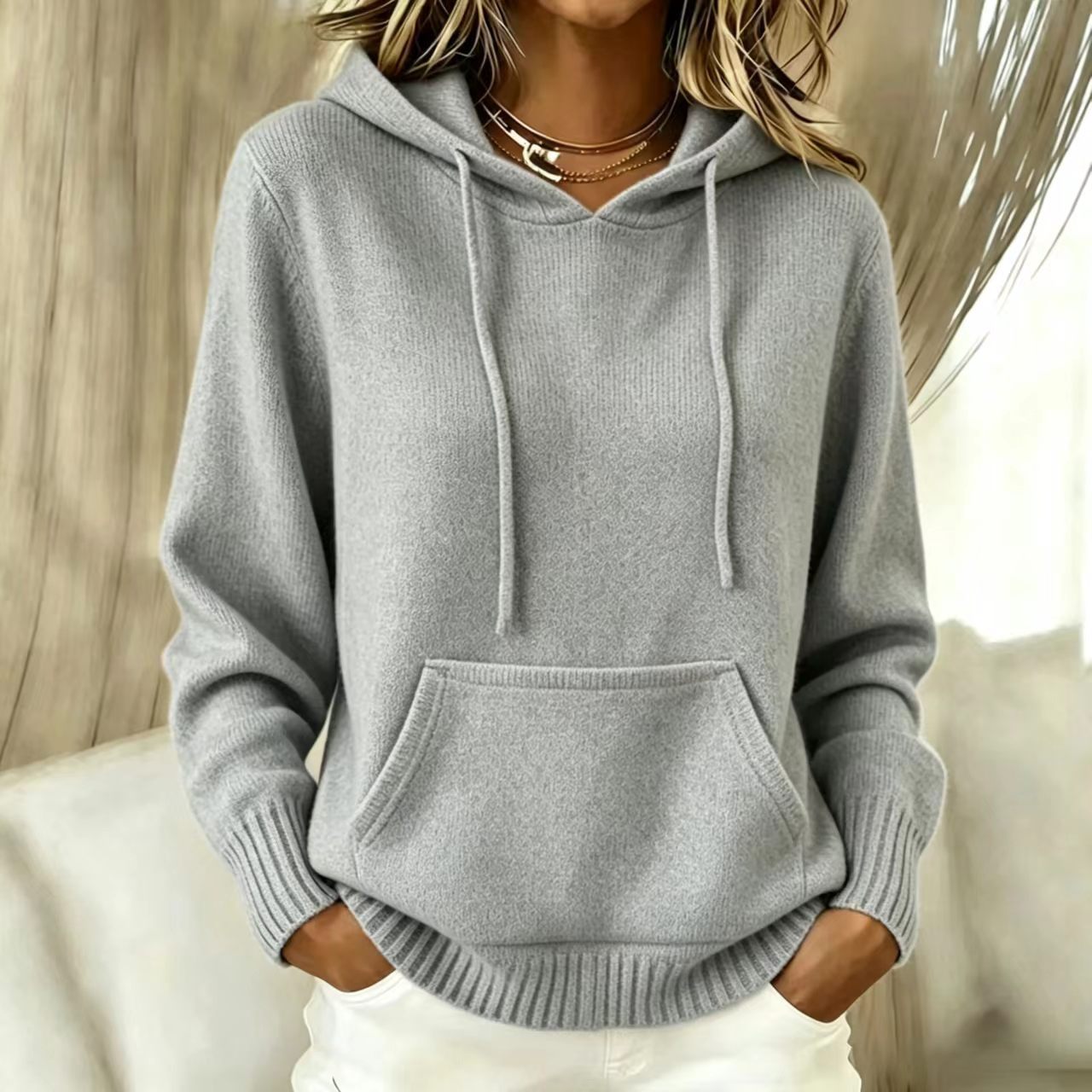 Women Loose Long Sleeve Knit Hoodie Pullover with Pocket, Casual Solid Hooded Sweater for Fall