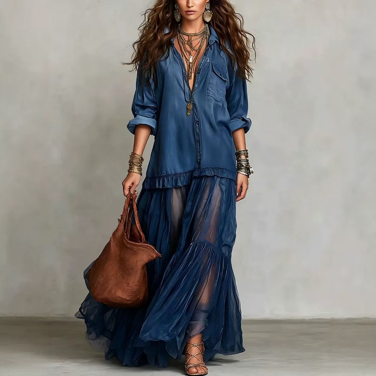 Women's Retro Lapel Denim Organza Patchwork Art Casual Maxi Dress
