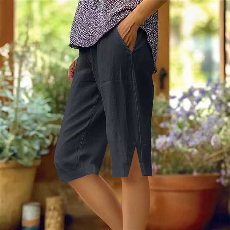 Women Cotton Linen Capri Pants with Pocket Slit Hem