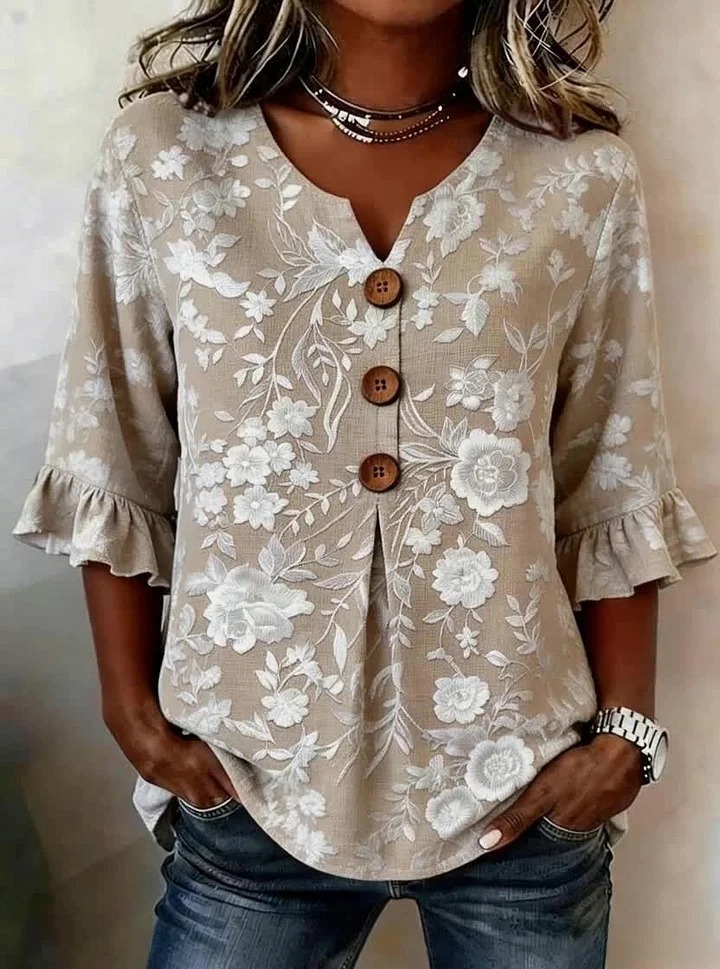Women Floral Ruffle Sleeve V Neck Linen Blend Blouse