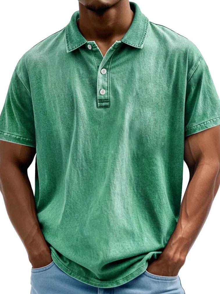 Clearance Sale🔥Men’s Vintage Washed Short Sleeve Polo Shirt, Casual Collared 3-Button Tee