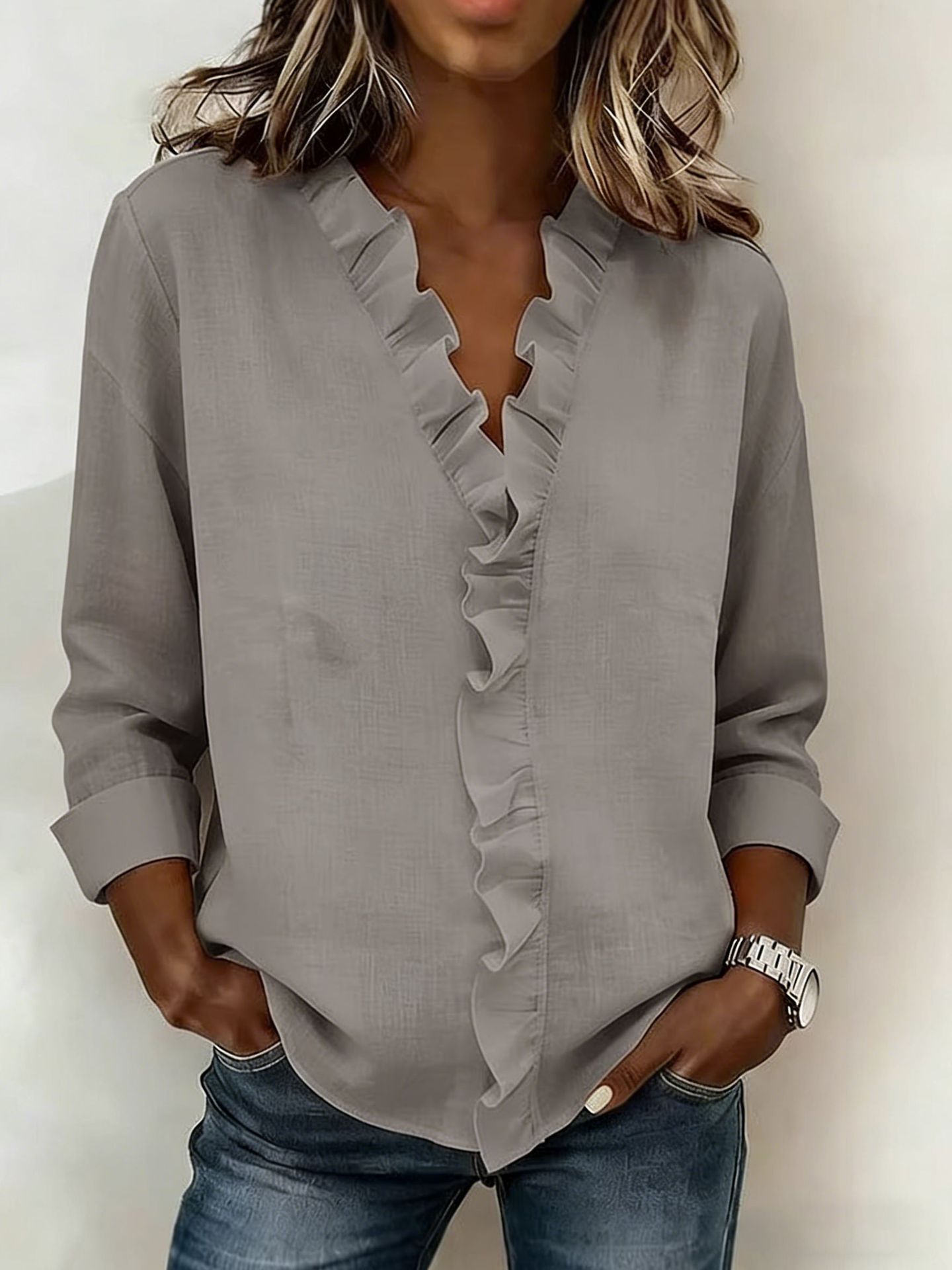 Blouse woman V-neck ruffles long sleeves relaxed fit