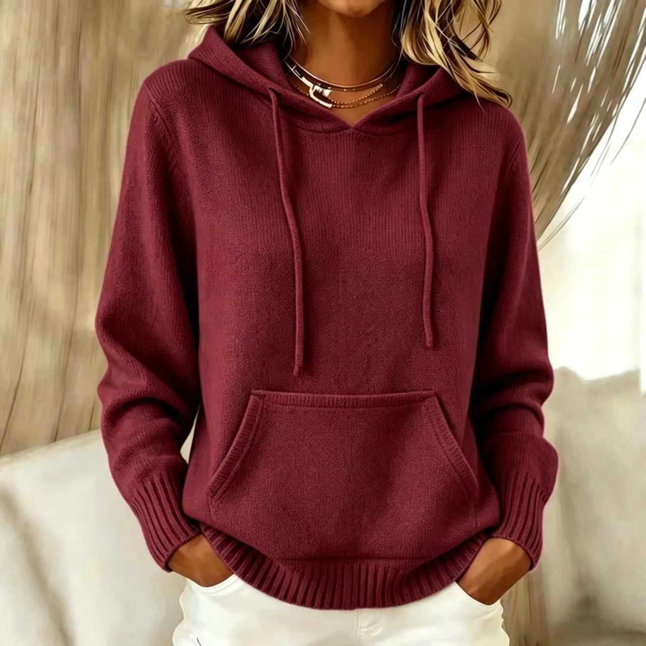 Women Loose Long Sleeve Knit Hoodie Pullover with Pocket, Casual Solid Hooded Sweater for Fall