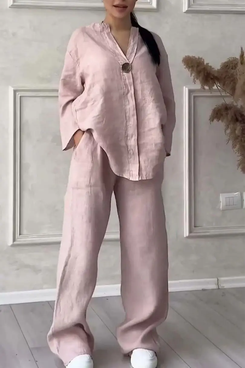 V-neck Long-sleeved Top + Wide-leg Pants Two-piece Loose Set For Women Spring Summer Fashion Solid Color Elegant Casual Suit