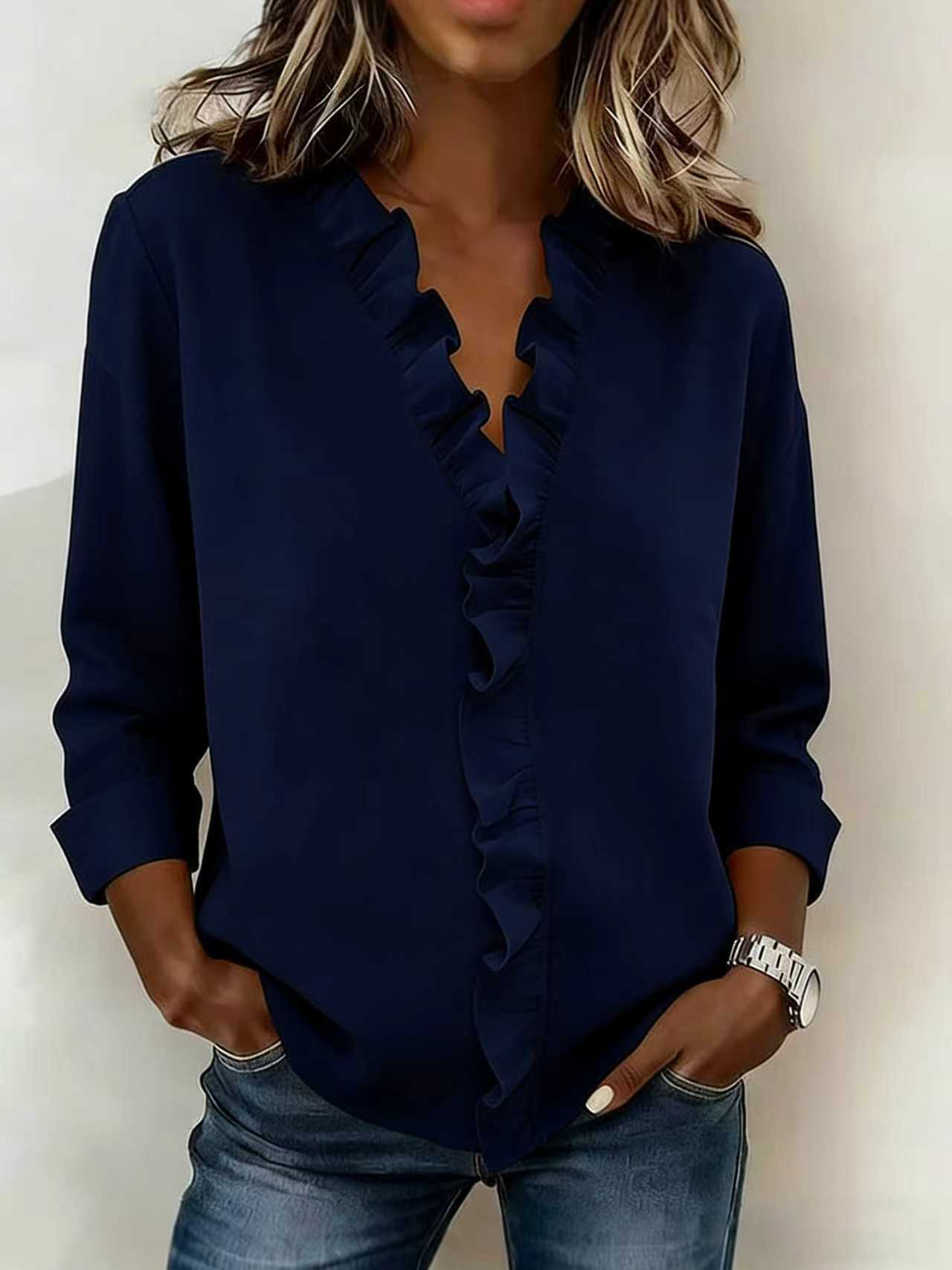 Blouse woman V-neck ruffles long sleeves relaxed fit