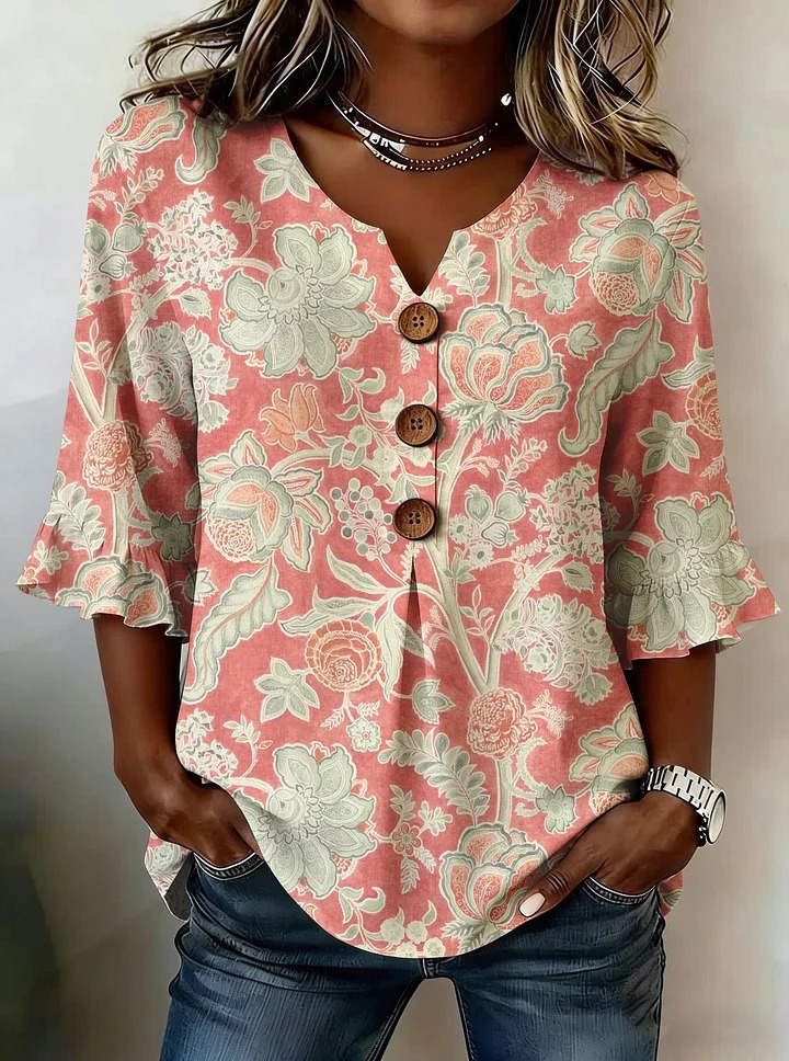 Women Floral Ruffle Sleeve V Neck Linen Blend Blouse