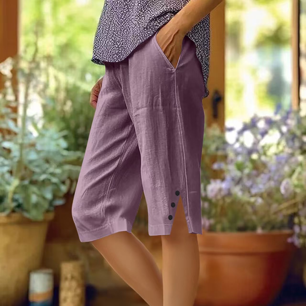Women Cotton Linen Capri Pants with Pocket Slit Hem
