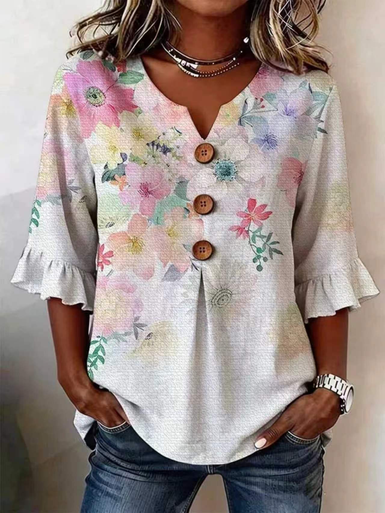 Women Floral Ruffle Sleeve V Neck Linen Blend Blouse