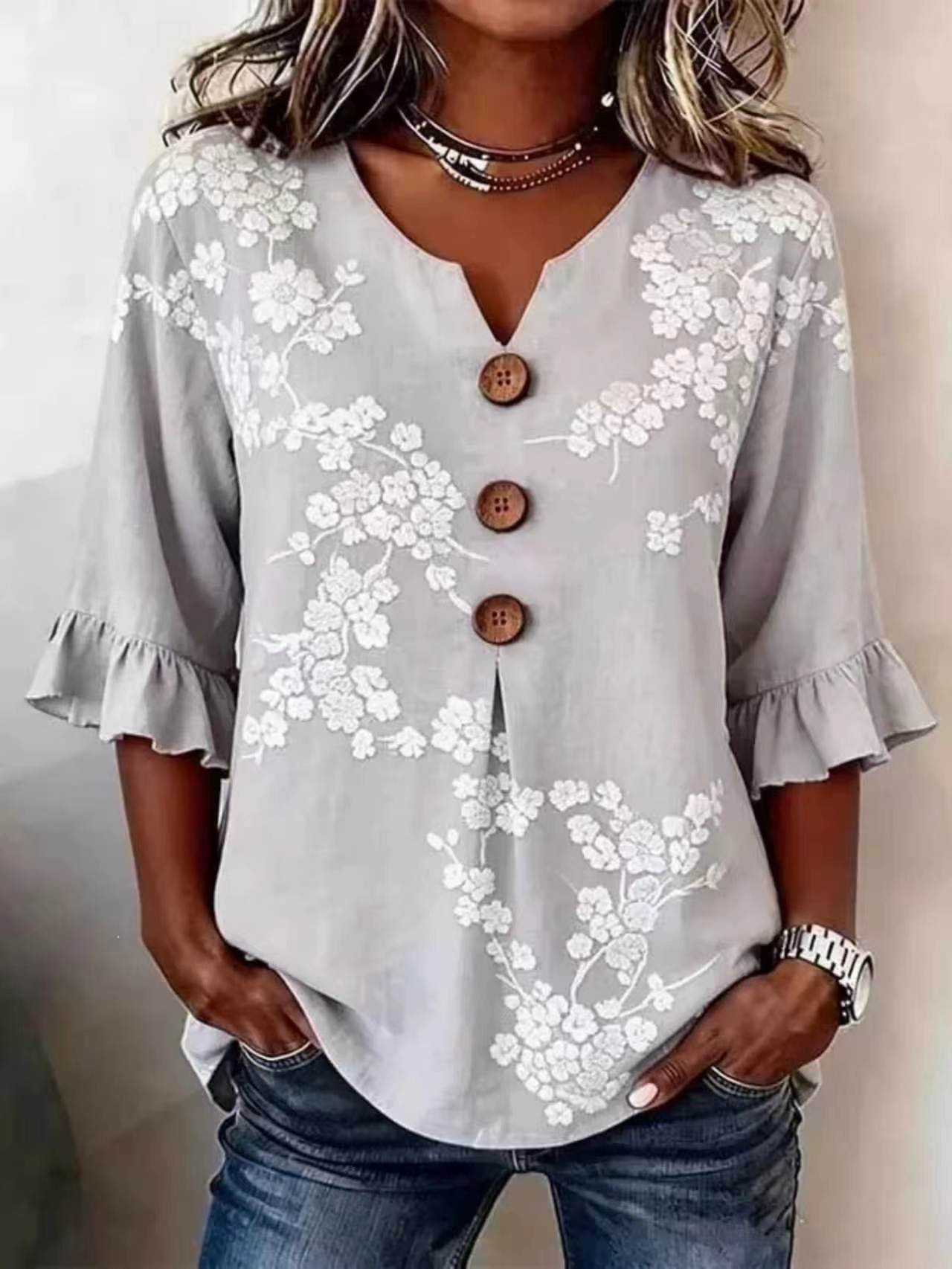 Women Floral Ruffle Sleeve V Neck Linen Blend Blouse