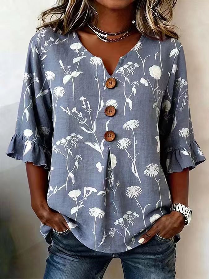 Women Floral Ruffle Sleeve V Neck Linen Blend Blouse