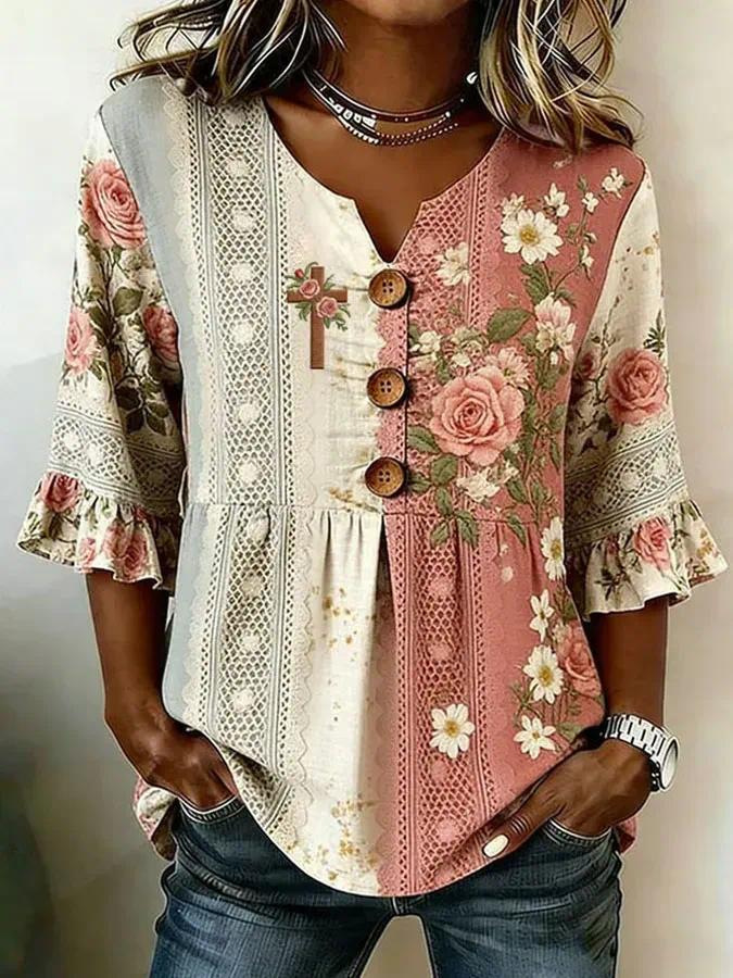 Women Floral Ruffle Sleeve V Neck Linen Blend Blouse