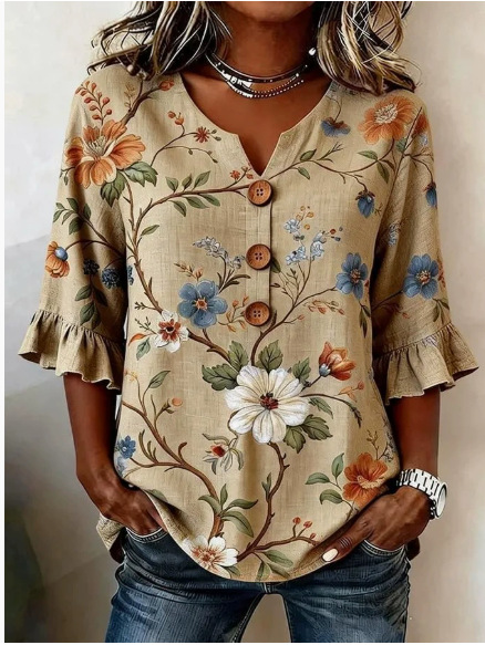 Women Floral Ruffle Sleeve V Neck Linen Blend Blouse