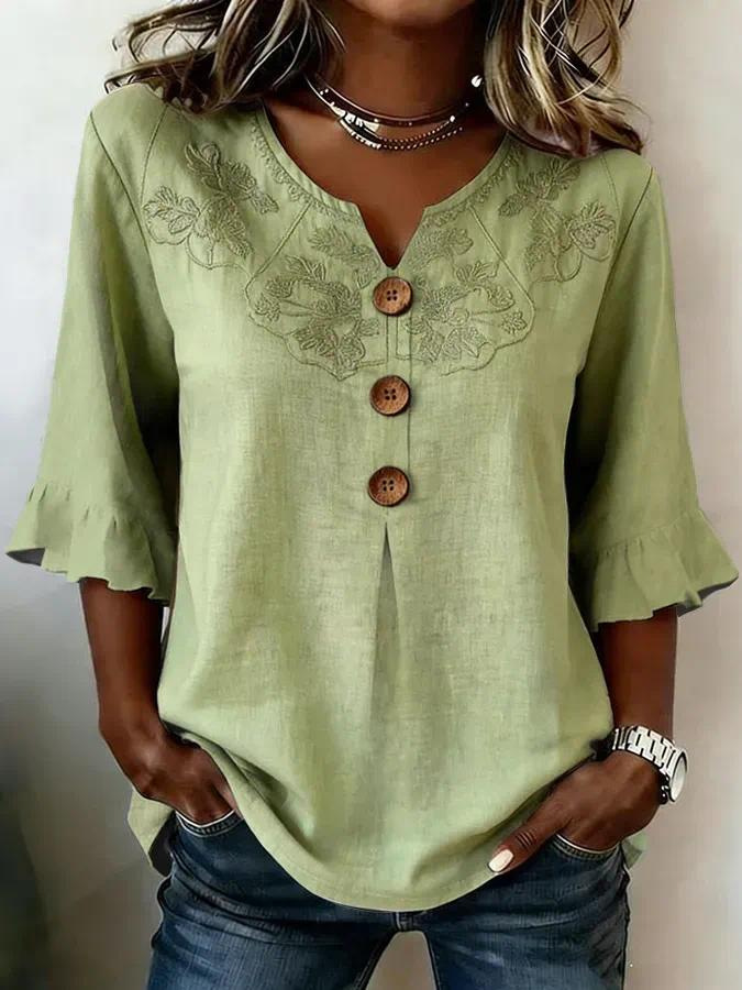 Women Floral Ruffle Sleeve V Neck Linen Blend Blouse