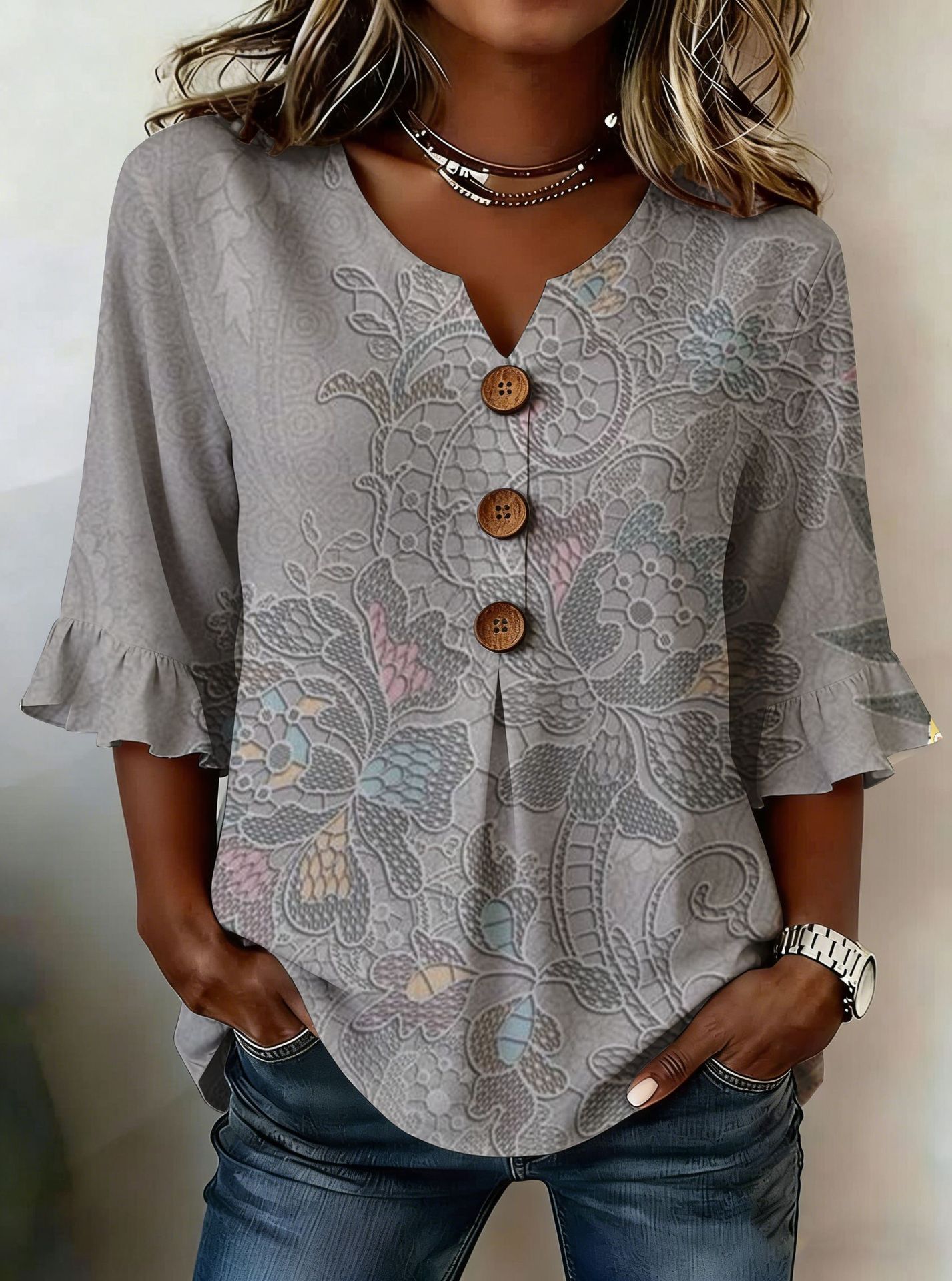 Women Floral Ruffle Sleeve V Neck Linen Blend Blouse