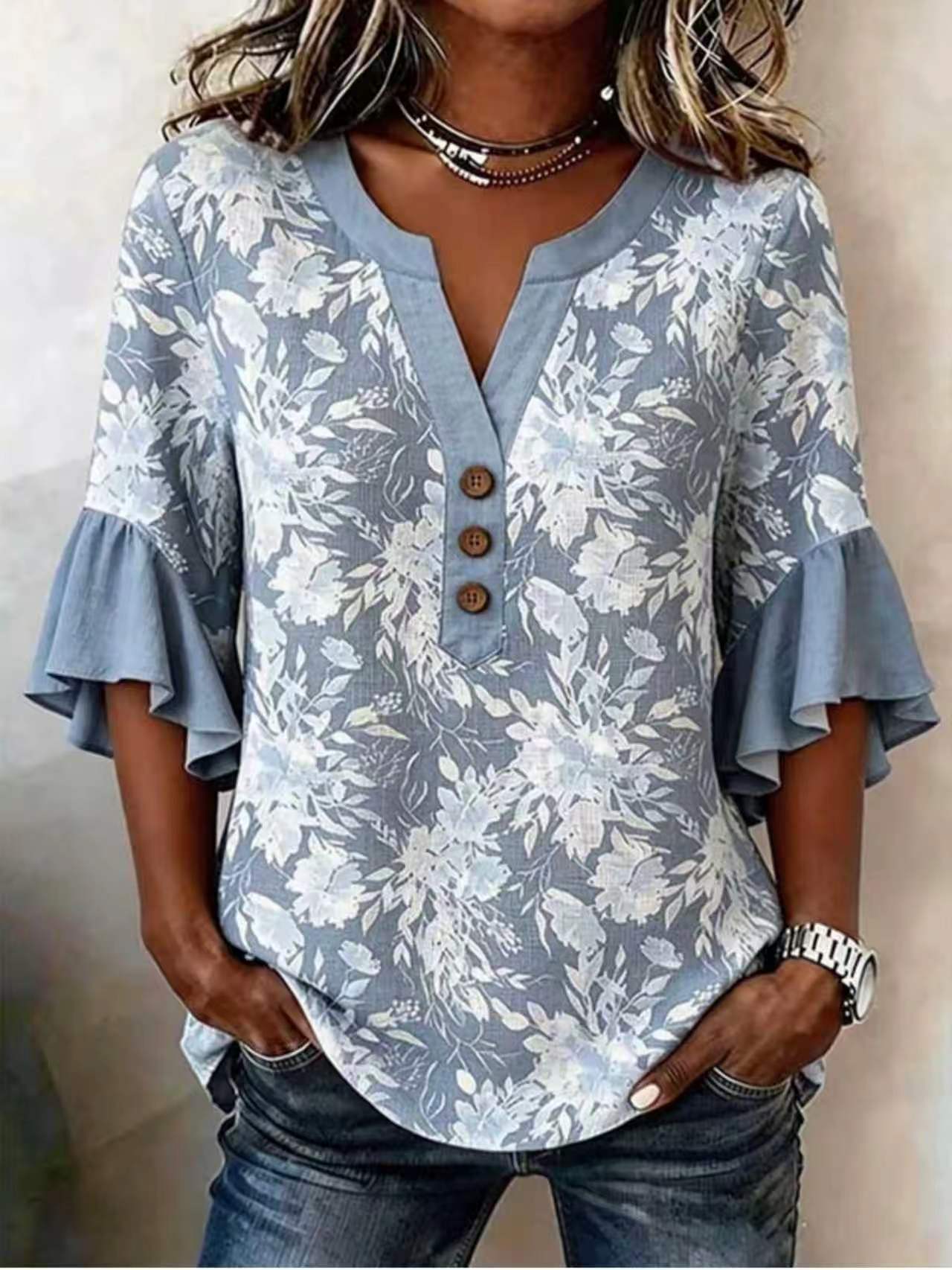 Women Floral Ruffle Sleeve V Neck Linen Blend Blouse