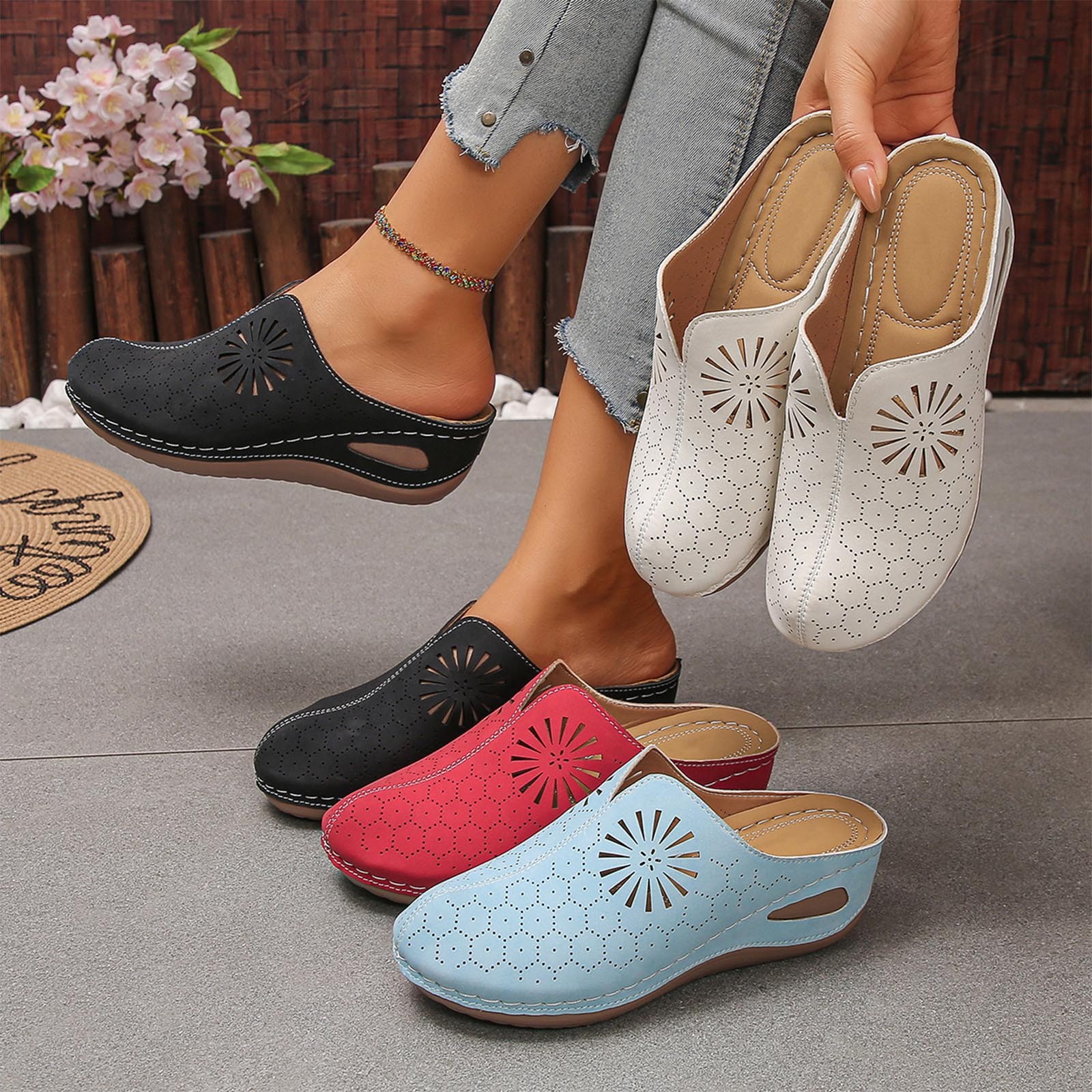 Women's Wide Width Floral Perforated Mules, Closed Toe Low Wedge Backless Clogs with Sunburst Cutouts, Comfortable Casual Shoes for Spring & Summer, Multi-Color