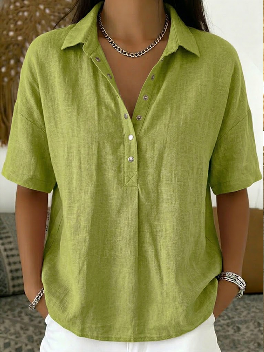 👚Casual Polo Collar Short-sleeved Linen And Cotton Shirt