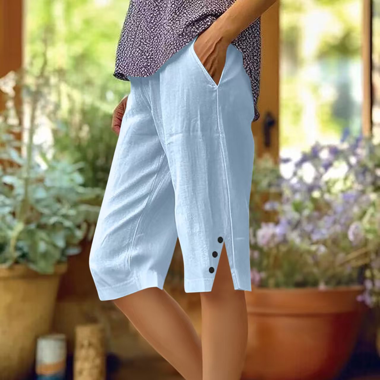 Women Cotton Linen Capri Pants with Pocket Slit Hem