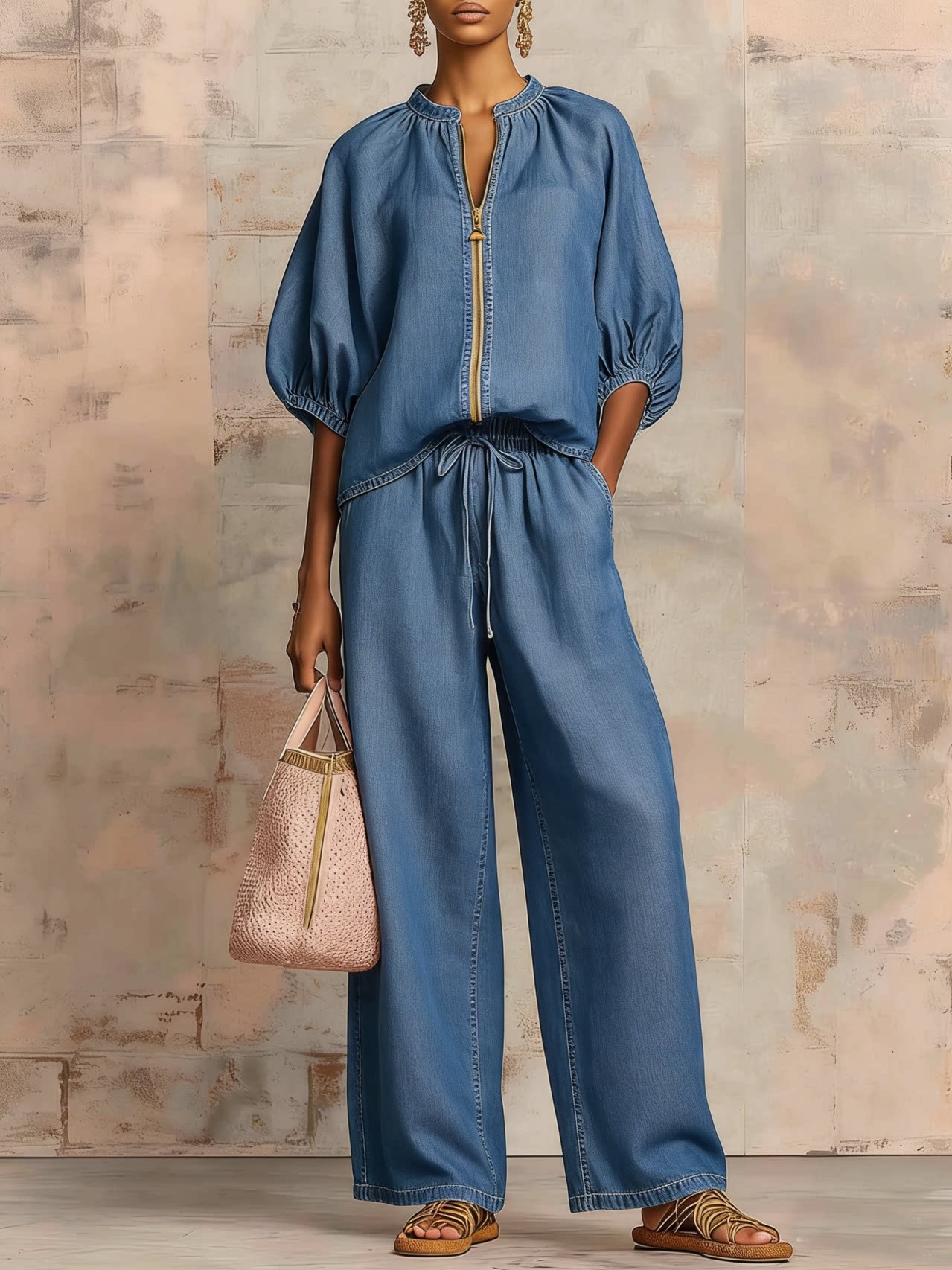 Two-piece set: Relaxed-style shirt and wide-leg pants