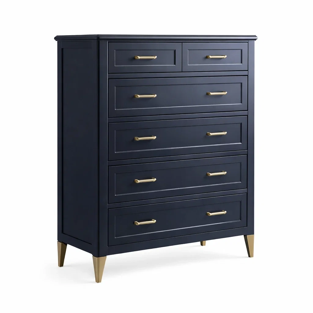 Cassettiera in Legno MDF Blu Scuro con Maniglie in Metallo Dorato-COZYHOMENEST