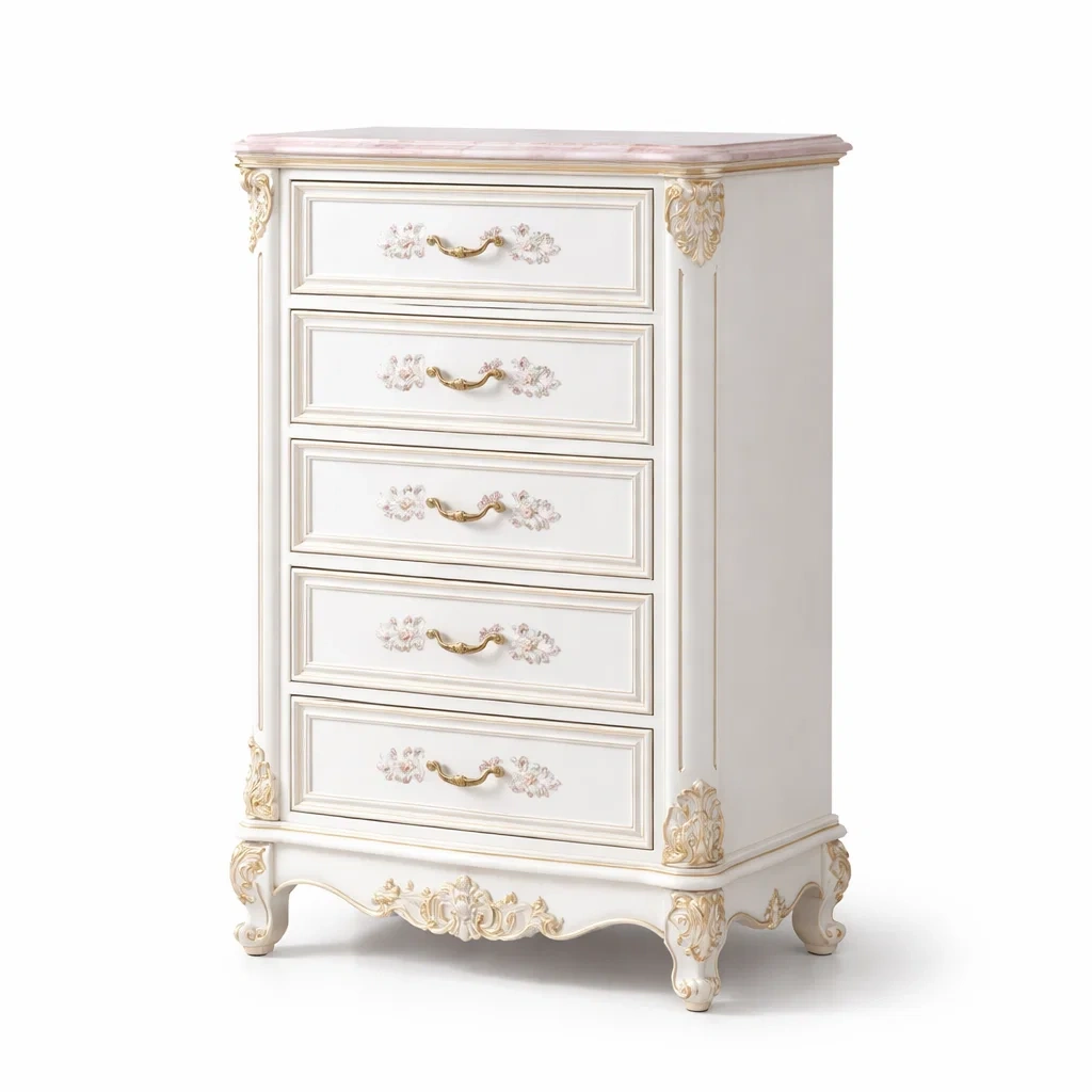 Cassettiera in Legno con 5 Cassetti e Decorazioni Oro 100x45x130 cm-COZYHOMENEST