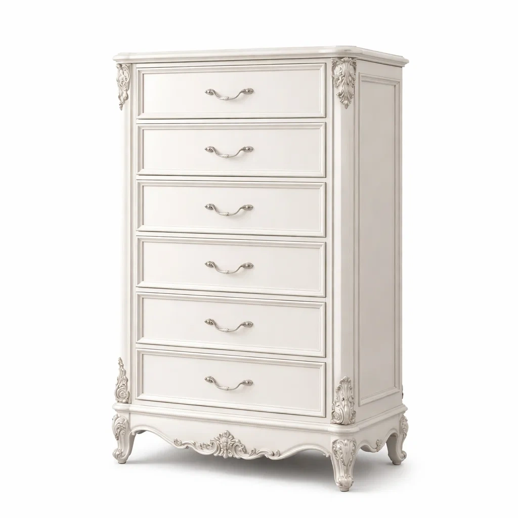 Cassettiera Alta in Legno Massello Bianco con 6 Cassetti-COZYHOMENEST