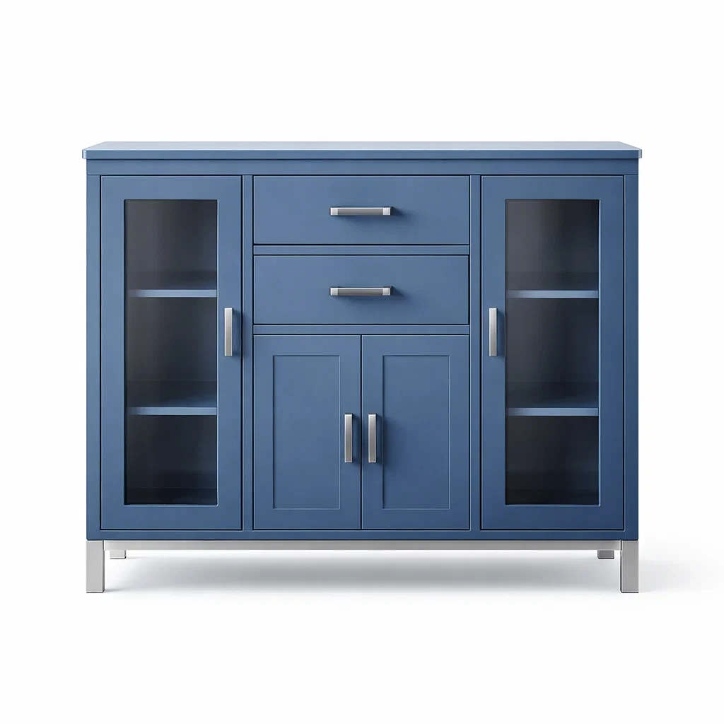 Credenza in Legno e Vetro Temperato Blu con Ante e Cassetti-COZYHOMENEST