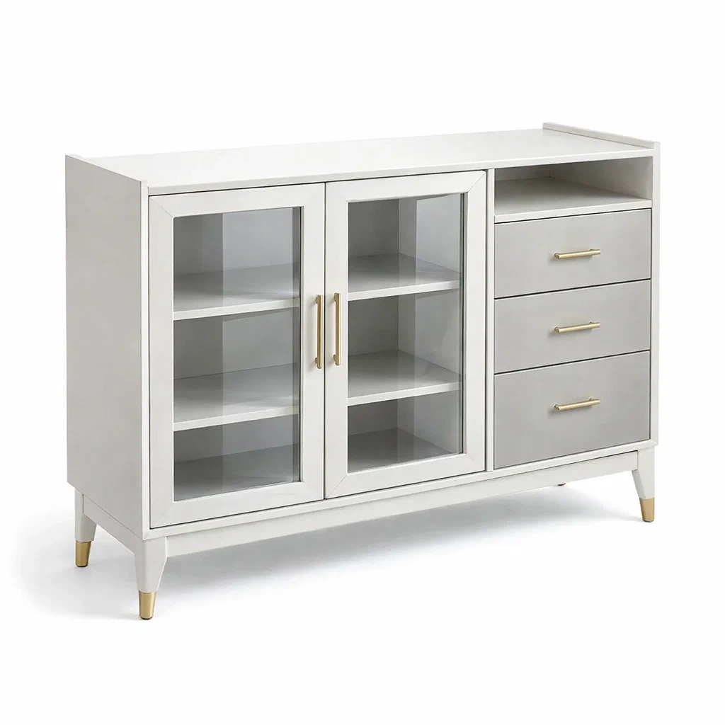 Credenza in Legno Bianco con Ante in Vetro Temperato e Cassetti-COZYHOMENEST