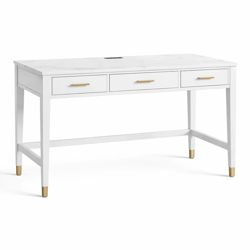 Scrivania in Legno Bianco con Cassetti e Dettagli Dorati-COZYHOMENEST