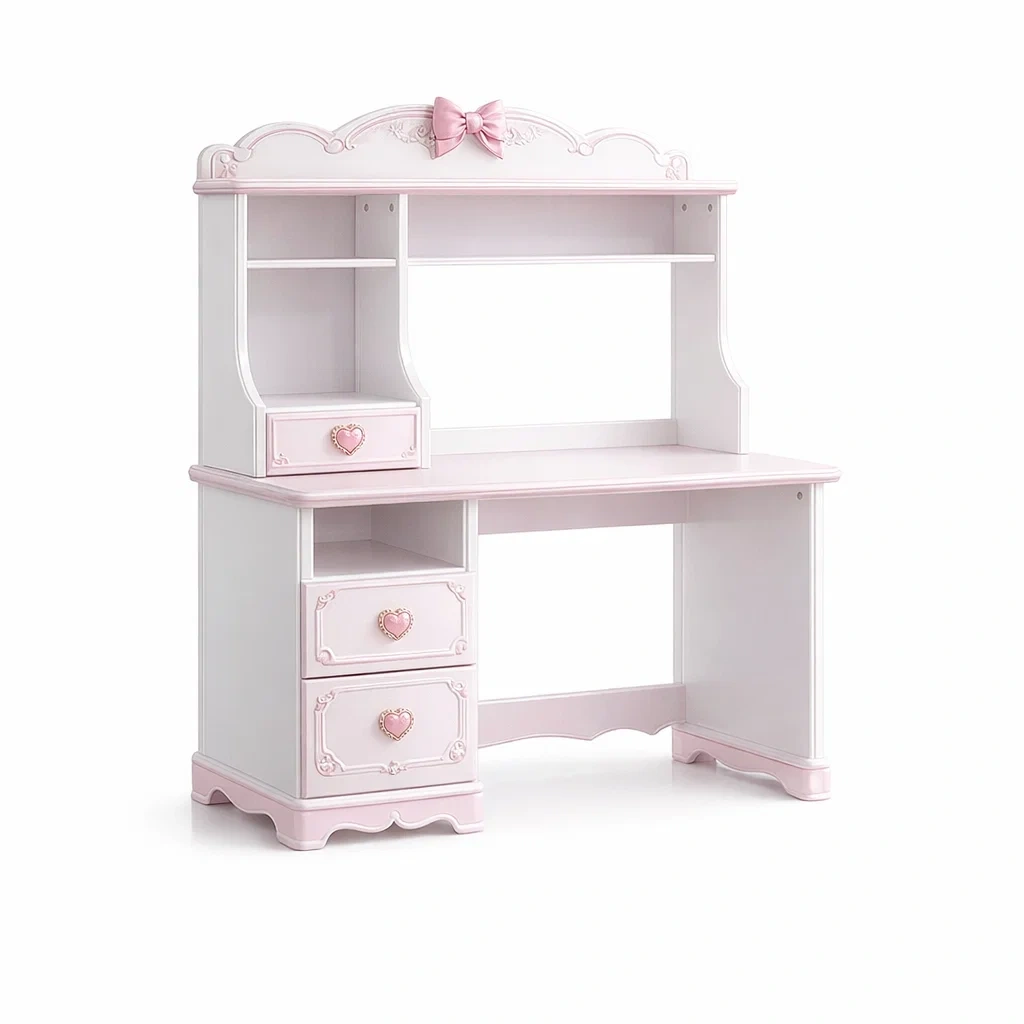 Scrivania in Legno Rosa e Bianco con Cassetti e Ripiani-COZYHOMENEST