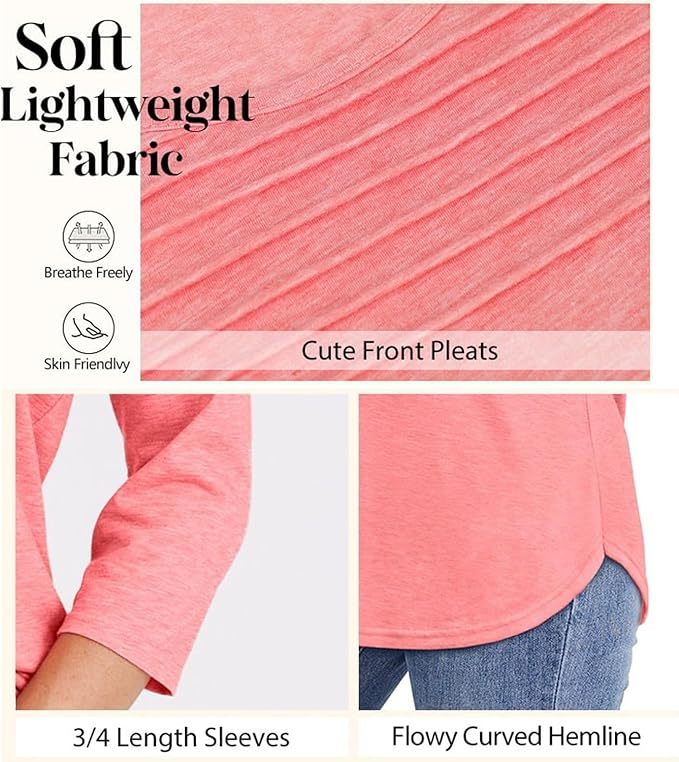 NEW🔥 2025 Women's 3/4 Length Sleeve Top Pleated Front T-Shirt