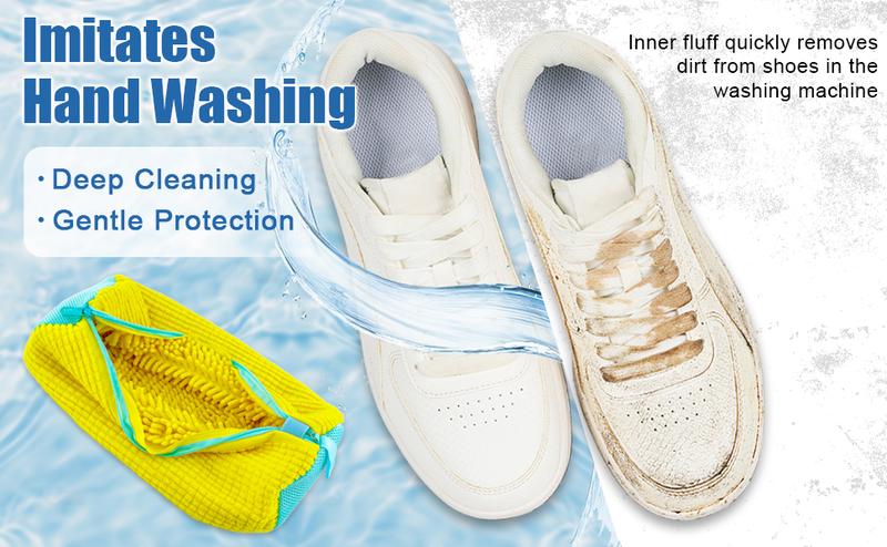 2-Pack XXL Shoe Washing Machine Bags &ndash; Reusable Sneaker Laundry Bags for Washer & Dryer, Sturdy Zipper with Hook, 360&deg; Clean for Tennis Shoes, Slippers &ndash; Includes 2 Yellow Shoe Dust Bags