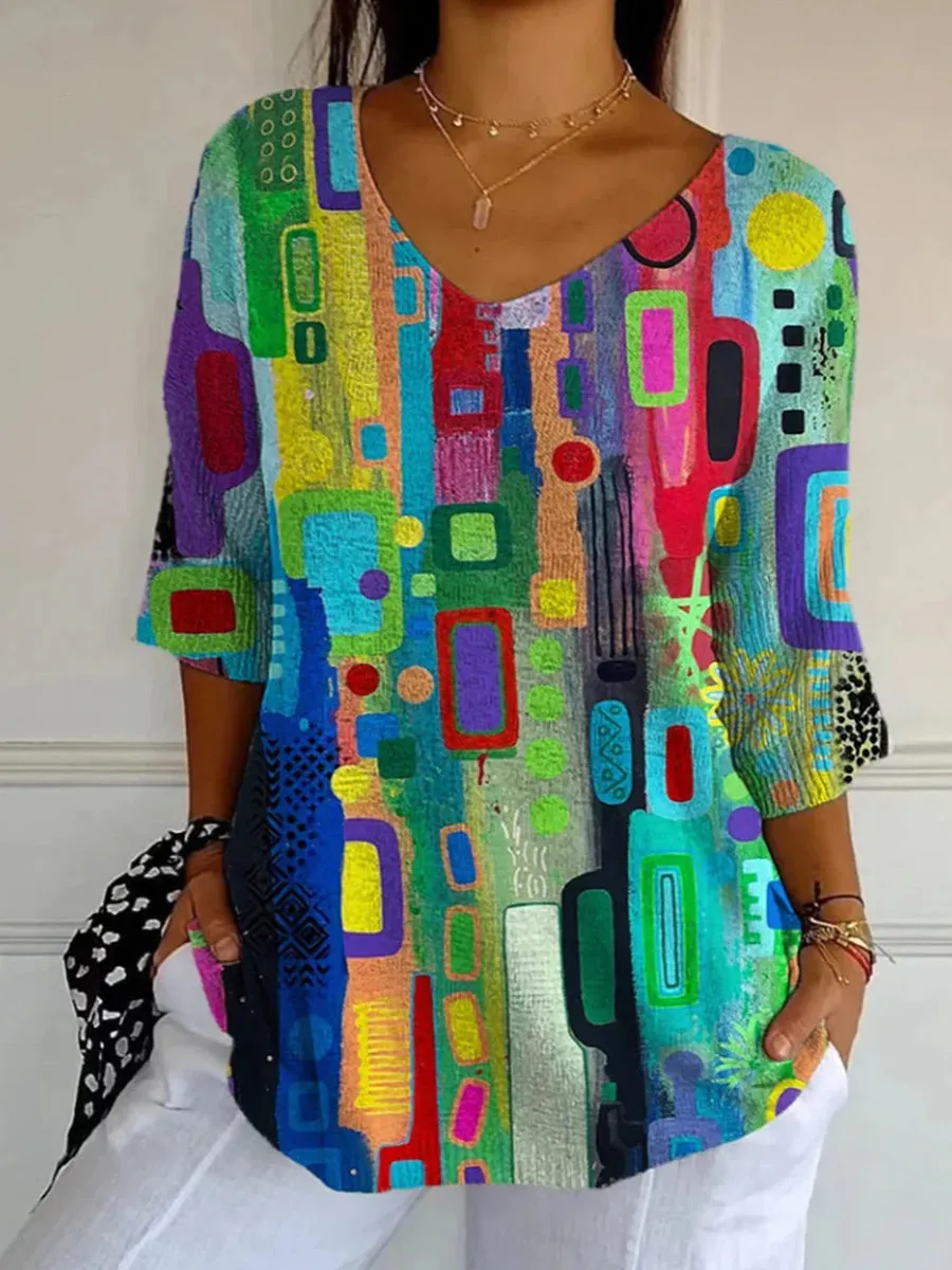 Women's Casual Abstract Print V-Neck 3/4 Sleeve Loose Fit Top