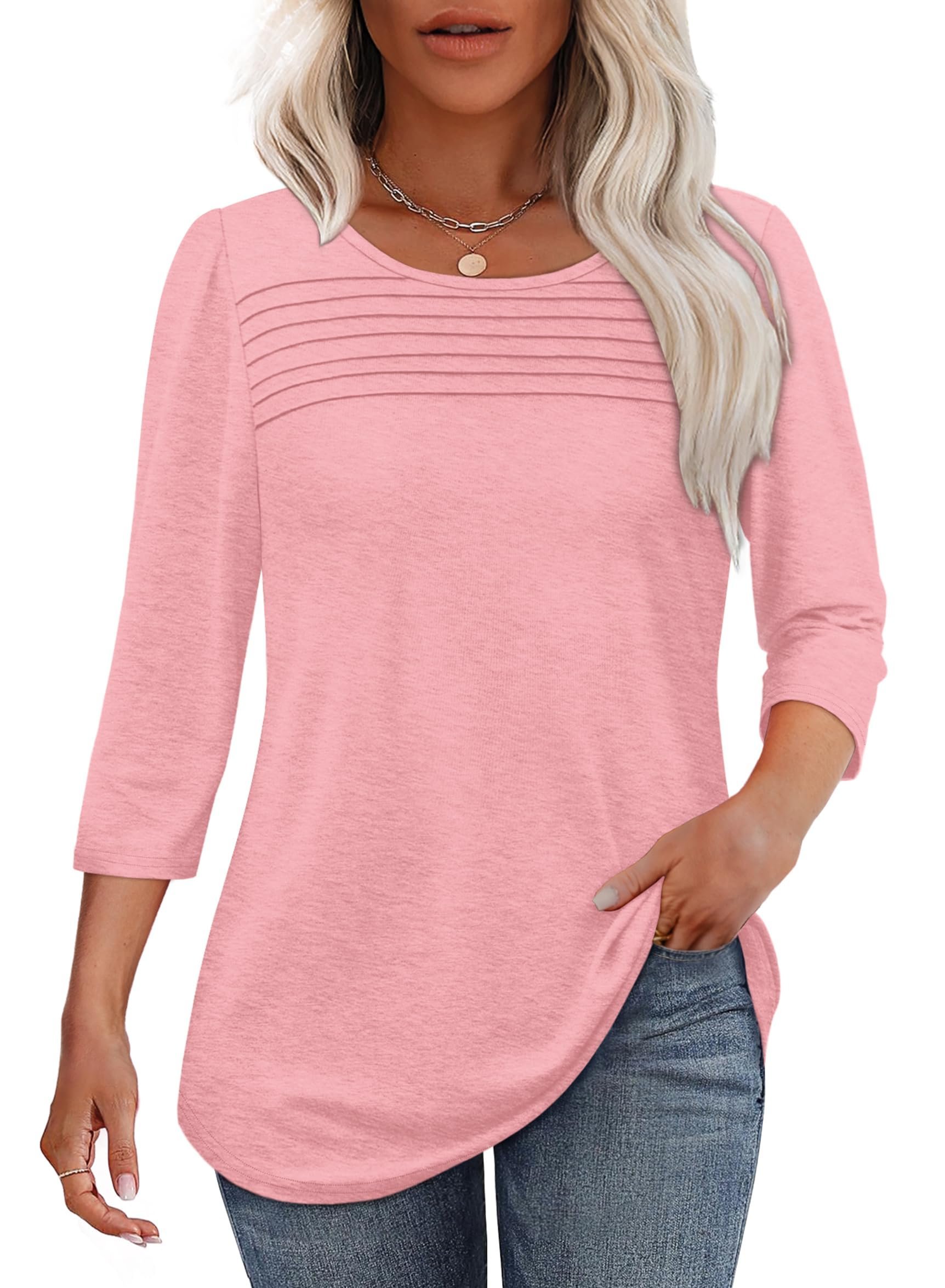 NEW🔥 2025 Women's 3/4 Length Sleeve Top Pleated Front T-Shirt